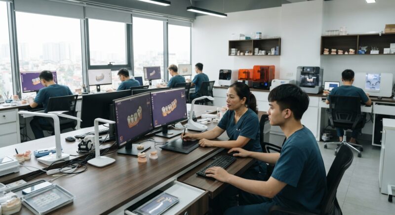Dental lab technicians training together at CAD workstations - Report Summary: Dental Lab Shortage and Its Effect on Clinic Turnaround Times 2026