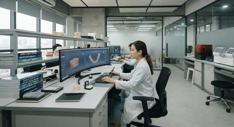 Dental technician designing a restoration in CAD software at a computer workstation - Top Peer-Reviewed Journals Dentists Use to Follow Digital Dentistry Research in 2026