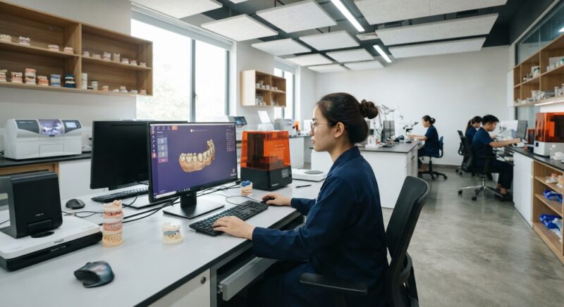 Dental technician designing a restoration in CAD software at a computer workstation - Prosthodontics Specialty Pathways Compared Across the US, UK and Australia 2026