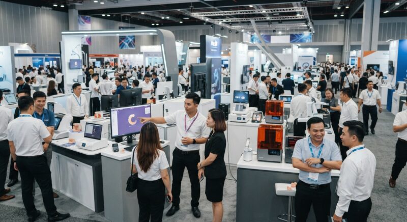 Visitors at a dental trade show exhibition hall with digital dentistry booths - Key Dental Conferences and Congresses for Digital Dentistry in 2026