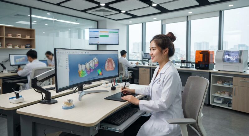 Dental technician designing a restoration in CAD software at a computer workstation - Dental Lab API Integration for Case Submission 2026