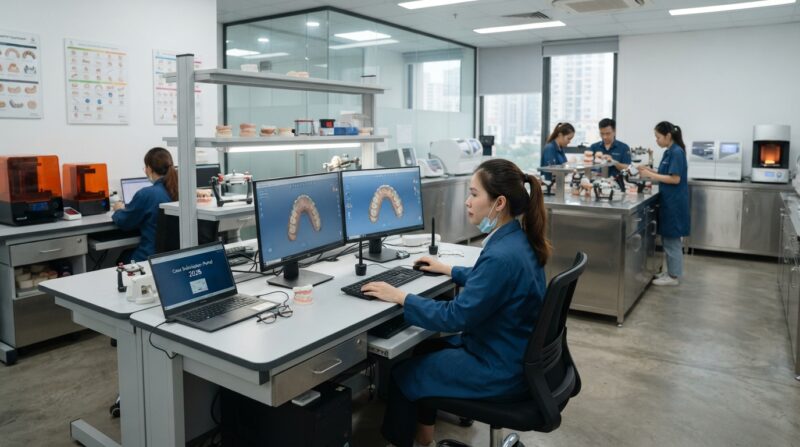 Dental technician designing a restoration in CAD software at a computer workstation - How to Automate Dental Case Submission from Lab Software 2026