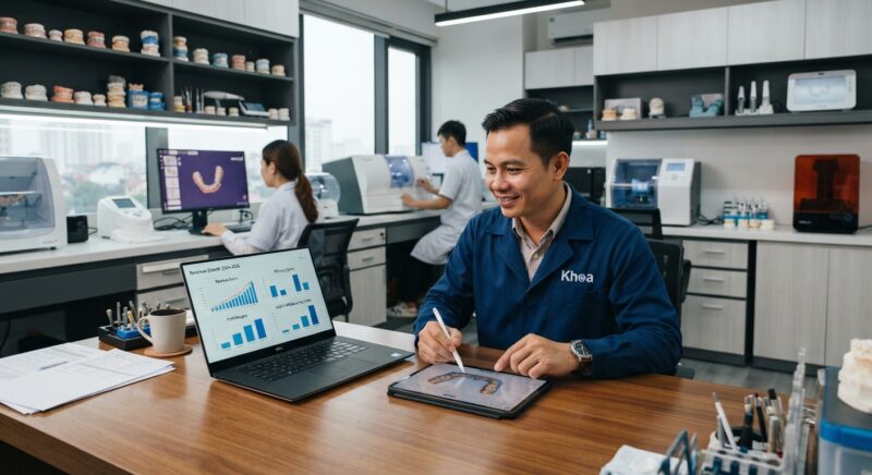 Dental lab owner reviewing cost and profit charts on a laptop - ROI of Outsourcing CAD CAM Dental Design for Lab Owners in 2026
