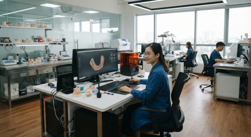 Dental technician designing a restoration in CAD software at a computer workstation - US Dental Laboratory Industry Market Report & Growth Trends 2026
