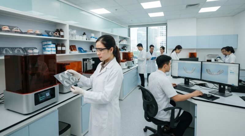 Dental technician with a 3D resin printer producing dental models - Clinical Evidence on 3D Printed Clear Aligners Accuracy and Efficiency 2026