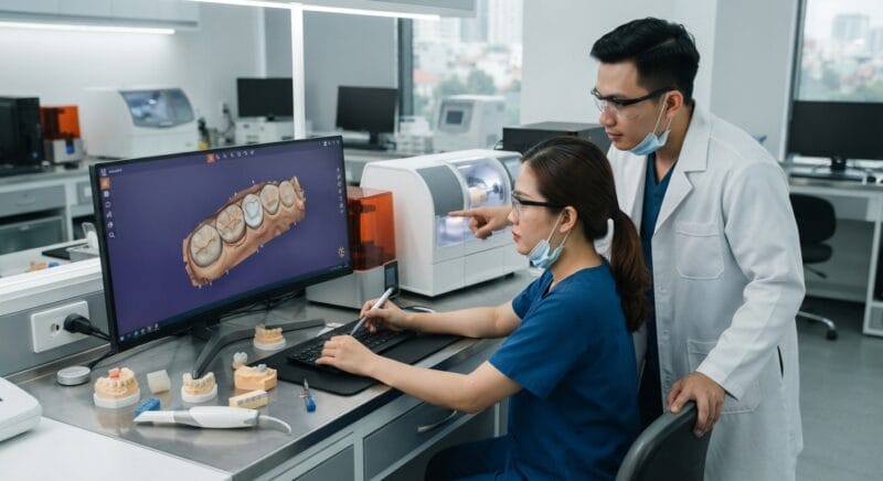 Dental technicians working on digital dental CAD designs in a modern lab - Benefits of 3D dental imaging for same-day crowns in 2026