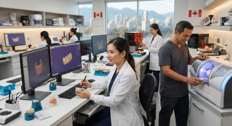 Dental technicians working on digital dental CAD designs in a modern lab - Dental Technician Shortage in Canada: How Labs Keep Up with Case Volume in 2026