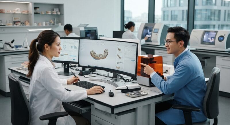 Dental technicians working on digital dental CAD designs in a modern lab - Dental technician shortage in Switzerland and Austria: solutions for dental labs in 2026