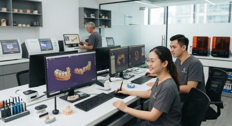 Dental technicians working on digital dental CAD designs in a modern lab - Dental Technician Shortage in Spain and Italy: Solutions for Dental Labs in 2026
