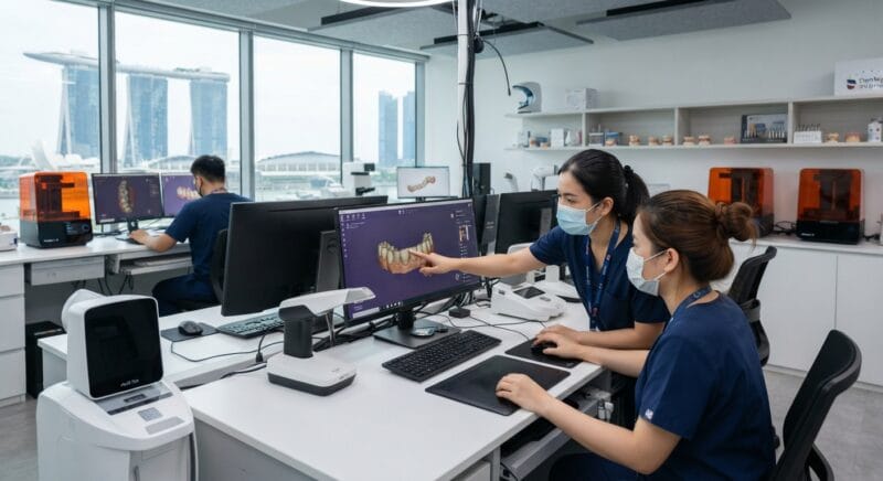 Dental technicians working on digital dental CAD designs in a modern lab - Dental Technician Shortage in Singapore: How Labs Scale Design Capacity in 2026
