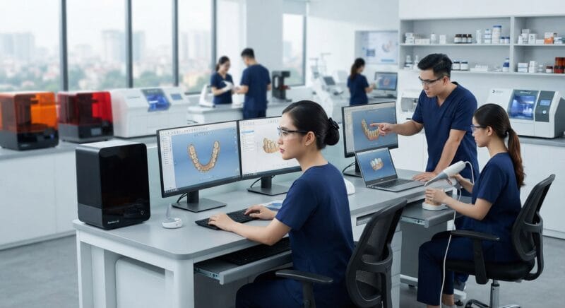 Dental technicians working on digital dental CAD designs in a modern lab - Market Data: Dental Technician Shortage Across the USA, UK, Canada, Germany and Australia in 2026