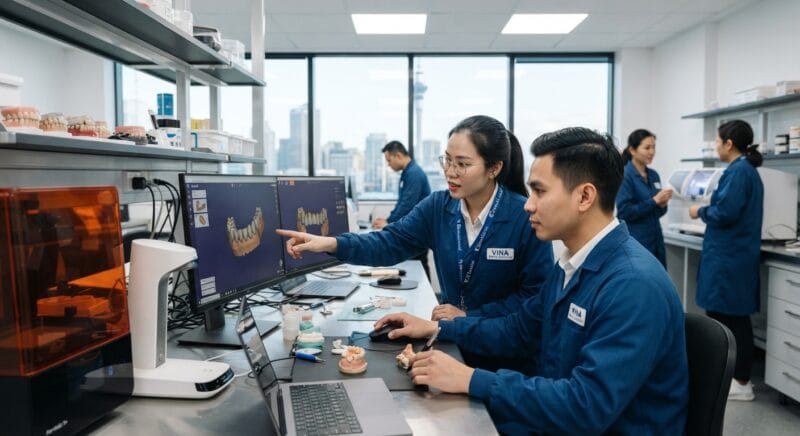 Dental technicians working on digital dental CAD designs in a modern lab - Dental Technician Shortage in New Zealand: Solutions for Dental Labs in 2026