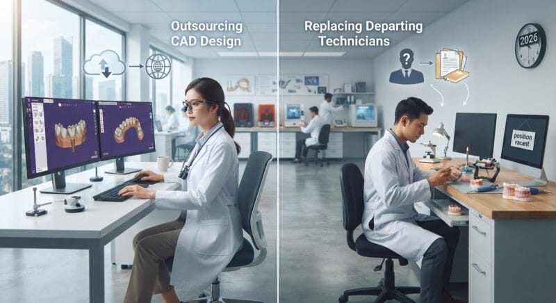 Dental technicians working on digital dental CAD designs in a modern lab - Outsourcing CAD Design vs Replacing Departing Technicians: A Cost Comparison for Dental Labs in 2026