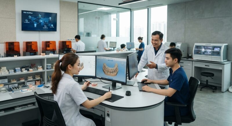 Dental technicians working on digital dental CAD designs in a modern lab - How DSOs and Group Practices Cover Dental Lab Capacity Gaps in 2026