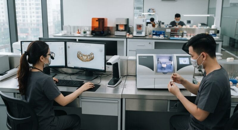 Dental technicians working on digital dental CAD designs in a modern lab - How Small Dental Labs Survive the Technician Shortage Without Lowering Quality in 2026