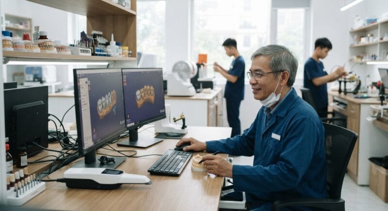 Dental technicians working on digital dental CAD designs in a modern lab - Ageing workforce and technician shortage: why dental labs need design outsourcing partners in 2026