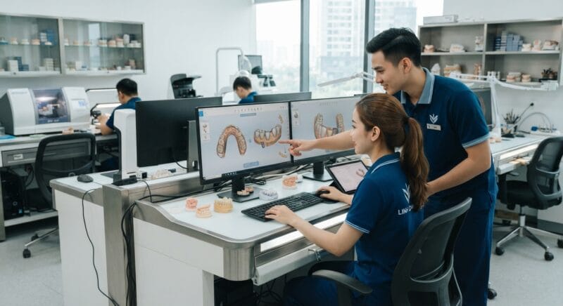 Dental technicians working on digital dental CAD designs in a modern lab - How much does 3D dental design outsourcing cost in 2026?
