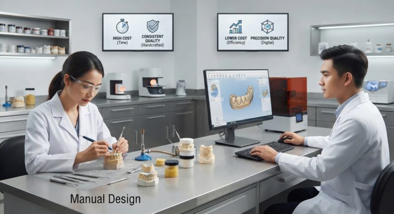 Dental technicians working on digital dental CAD designs in a modern lab - Dental CAD vs manual design: cost and quality comparison 2026