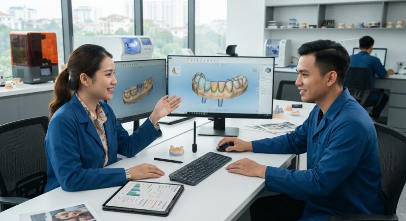 Dental technicians working on digital dental CAD designs in a modern lab - How to evaluate a dental CAD design service provider 2026