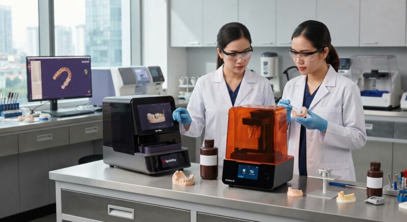 Dental technicians working on digital dental CAD designs in a modern lab - SprintRay vs Formlabs dental 3D printer comparison 2026: Which is right for you?