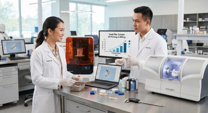 Dental technicians working on digital dental CAD designs in a modern lab - Cost Per Crown 3D Printing vs Milling 2026: Which Is More Economical?