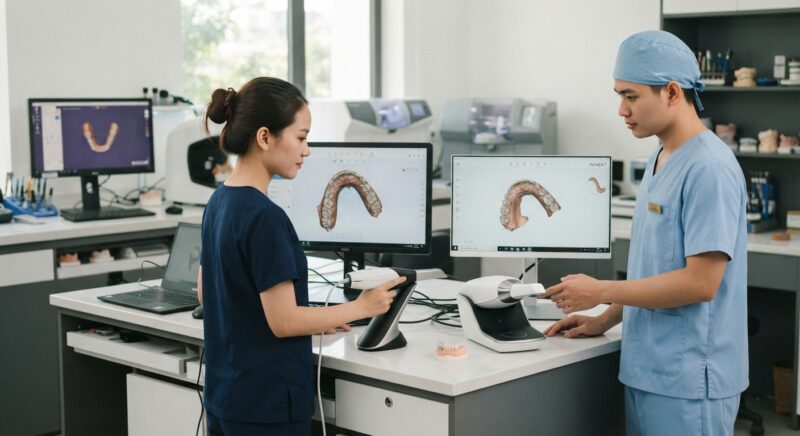Dental technicians working on digital dental CAD designs in a modern lab - Medit i900 vs 3Shape TRIOS 5 intraoral scanner 2026: Ultimate Comparison