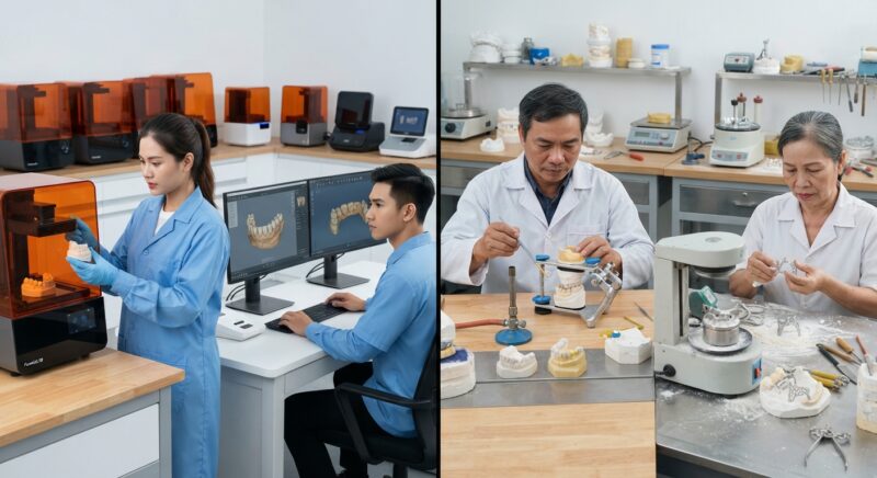 Dental technicians working on digital dental CAD designs in a modern lab - 3D lab vs traditional dental lab: efficiency comparison 2026