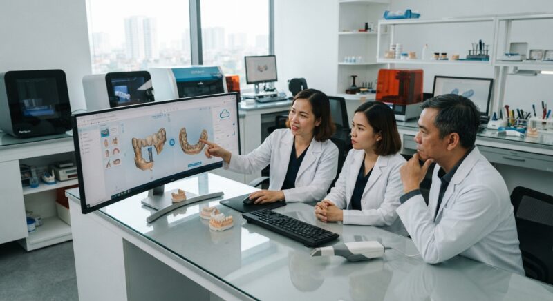 Dental technicians working on digital dental CAD designs in a modern lab - Choosing 3D lab software for multi location dental practices 2026