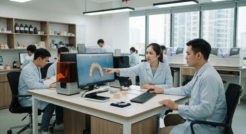 Dental technicians working on digital dental CAD designs in a modern lab - 3D Lab Case Study: How Outsourcing Improved Turnaround Time 2026