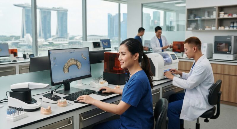 Dental technicians working on digital dental CAD designs in a modern lab - Dental Lab Tax and GST Rules in Singapore 2026: What You Need to Know