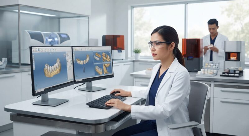 Dental technicians working on digital dental CAD designs in a modern lab - How to Reduce Dental Lab Material Waste and Remake Costs in 2026