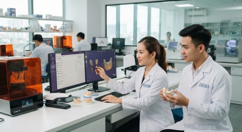 Dental technicians working on digital dental CAD designs in a modern lab - How to choose a 3D dental lab partner: complete checklist 2026