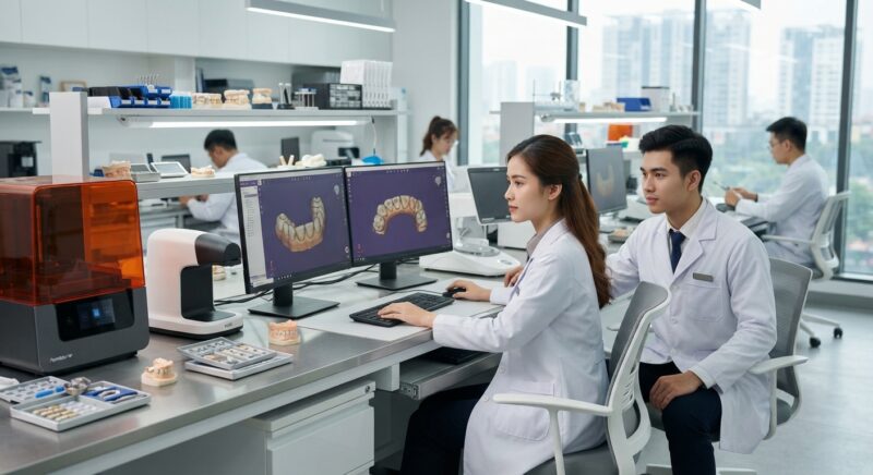 Dental technicians working on digital dental CAD designs in a modern lab - VAT and GST on Outsourced Digital Dental Design Services in Europe, Australia and Singapore 2026