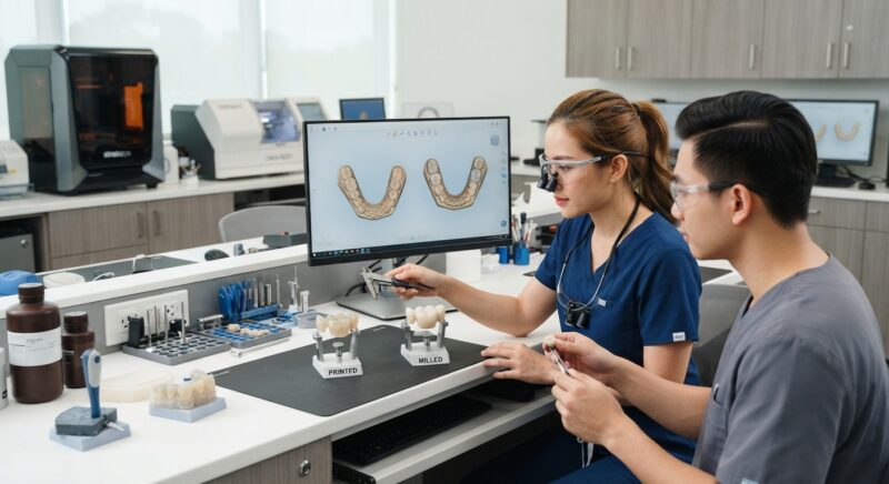 Dental technicians working on digital dental CAD designs in a modern lab - 3D Printed Crowns vs Milled Crowns Durability 2026: Which Lasts Longer?