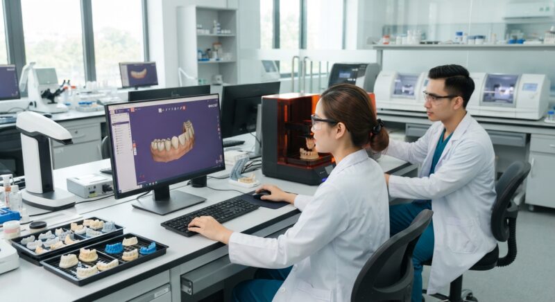 Dental technicians working on digital dental CAD designs in a modern lab - How to Cut Dental Lab Labor Costs with Digital Workflows in 2026