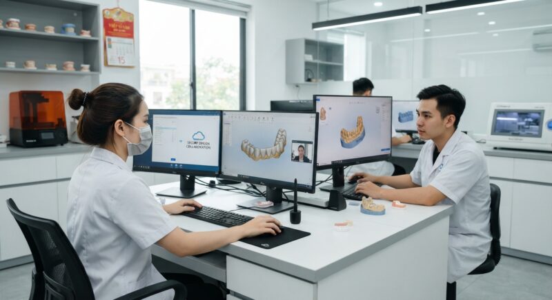 Dental technicians working on digital dental CAD designs in a modern lab - How Small Dental Labs Can Scale Without Hiring in 2026 Through Design Outsourcing