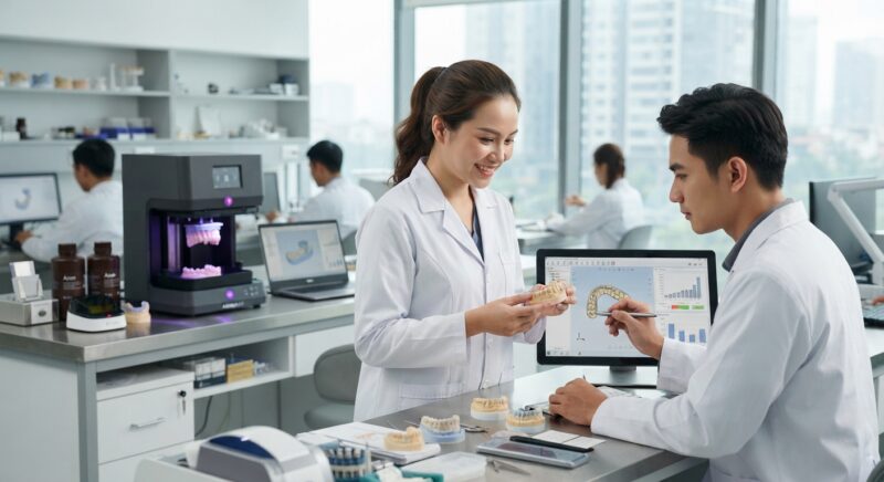 Dental technicians working on digital dental CAD designs in a modern lab - Asiga dental printer cost of ownership for labs 2026: A Complete Guide