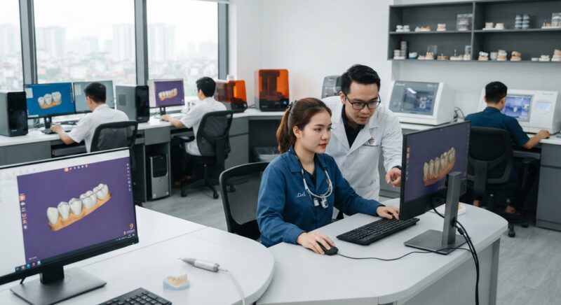 Dental technicians working on digital dental CAD designs in a modern lab - Outsourcing Zirconia Crown Design to Vietnam in 2026: Quality, Cost and Turnaround