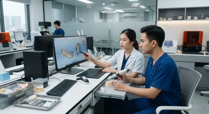 Dental technicians working on digital dental CAD designs in a modern lab - 3D dental scanning technology explained for clinics 2026