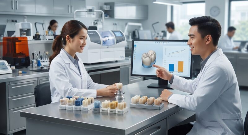 Dental technicians working on digital dental CAD designs in a modern lab - Cost of Ivoclar and Dentsply Milling Blocks per Crown 2026