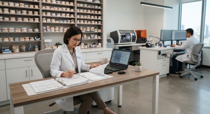 Dental lab manager reviewing compliance documents and invoices at a desk - Dental Practice Compliance Guidelines: A Complete Guide for CAD/CAM Outsourcing