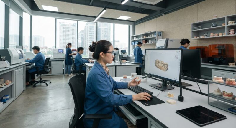 Dental technician designing a restoration in CAD software at a computer workstation - standard operating procedures for multi site dental labs 2026