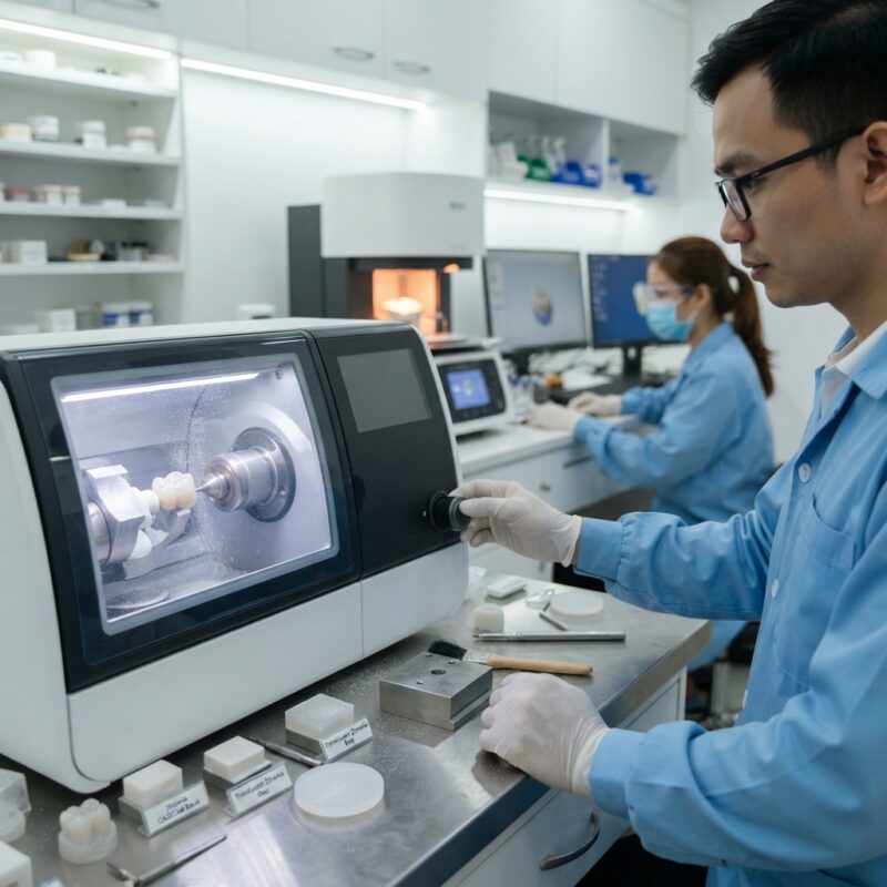 Dental milling machine cutting a zirconia crown in a dental laboratory - Dentsply Sirona inCoris vs Ivoclar Zenostar zirconia 2026