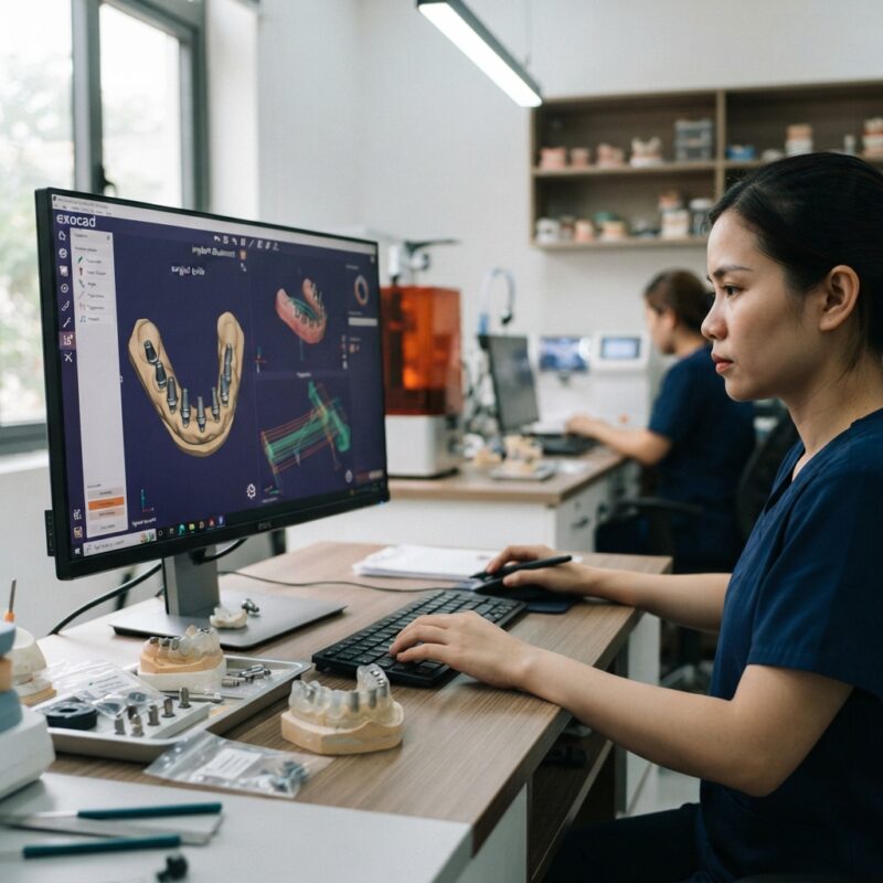 Implant and surgical guide design on screen with a printed guide on the desk - Titanium Base Compatibility: Straumann vs Nobel Biocare vs Argen in CAD 2026