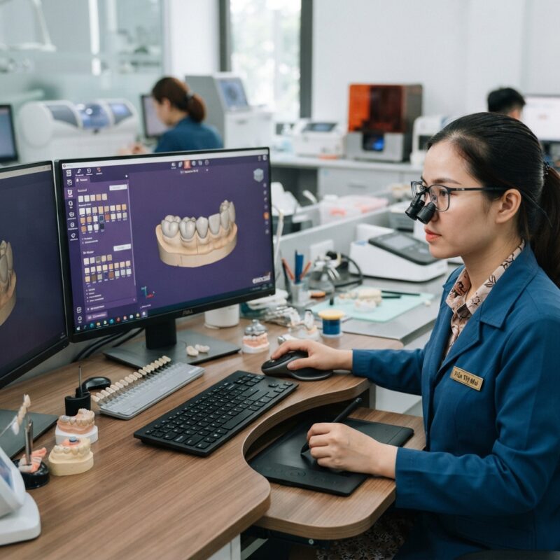 Dental technician designing a restoration in CAD software at a computer workstation - VITA classical vs 3D-Master shade systems for CAD CAM 2026: Which is Best?