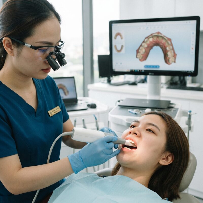 Dentist using an intraoral scanner with the 3D scan shown on a monitor - Margin Line Capture Tips for Intraoral Scanning in 2026
