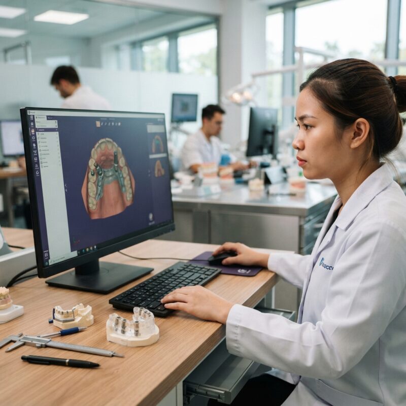 Implant and surgical guide design on screen with a printed guide on the desk - Mastership and Diploma Programs in Implant Dentistry Across Europe 2026