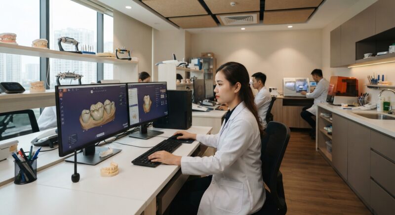 Dental technician designing a restoration in CAD software at a computer workstation - How to Evaluate Crown Fit and Contacts Before Cementation in 2026