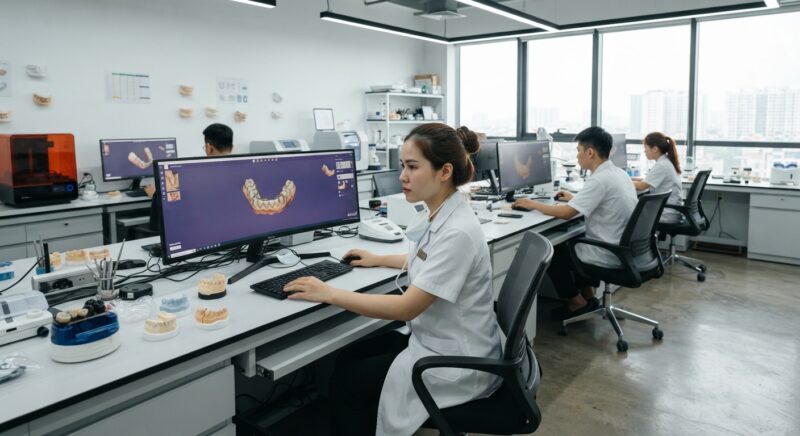 Dental technician designing a restoration in CAD software at a computer workstation - Survey of Dentist Attitudes to AI in Dental Design and Diagnostics 2026