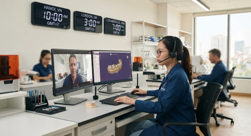 Dental technicians working on digital dental CAD designs in a modern lab - Time Zone and Communication Advantages of Vietnam Dental Design Outsourcing for US and European Labs 2026